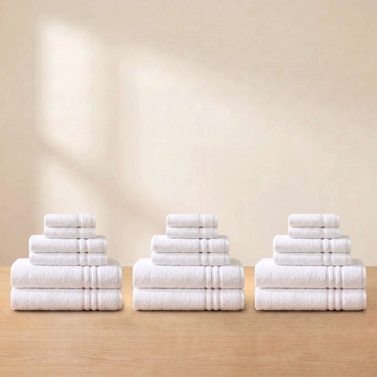 Host & Home Set: 18 white Turkish cotton towels, three stacks of 2 bath, 2 hand and 2 face